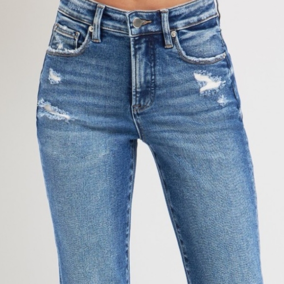 RISEN High-Rise Tummy Control Retro Jeans Distressed Bootcut Ankle Denim Pants - Picture 5 of 16